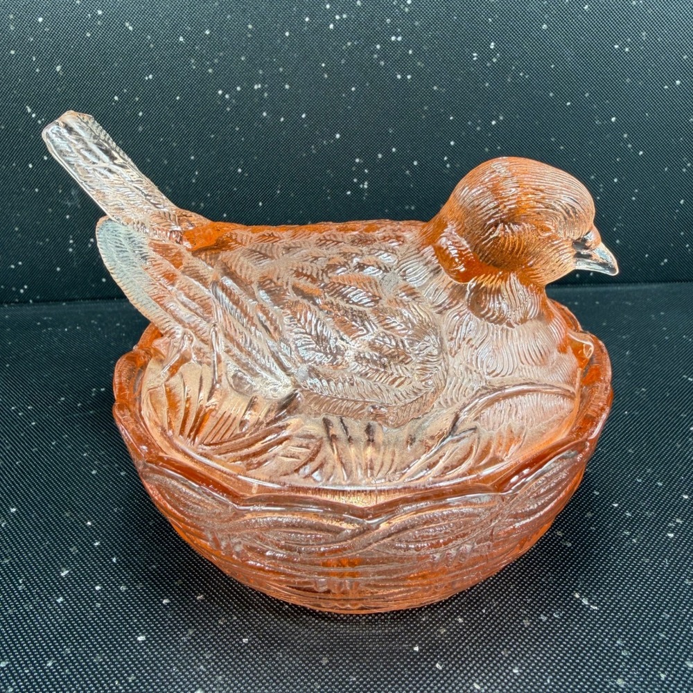 Heisey Hsinchu Glass Pink Bird on Nest Trinket Dish Basketweave 4x6 Vintage - Picture 13 of 15